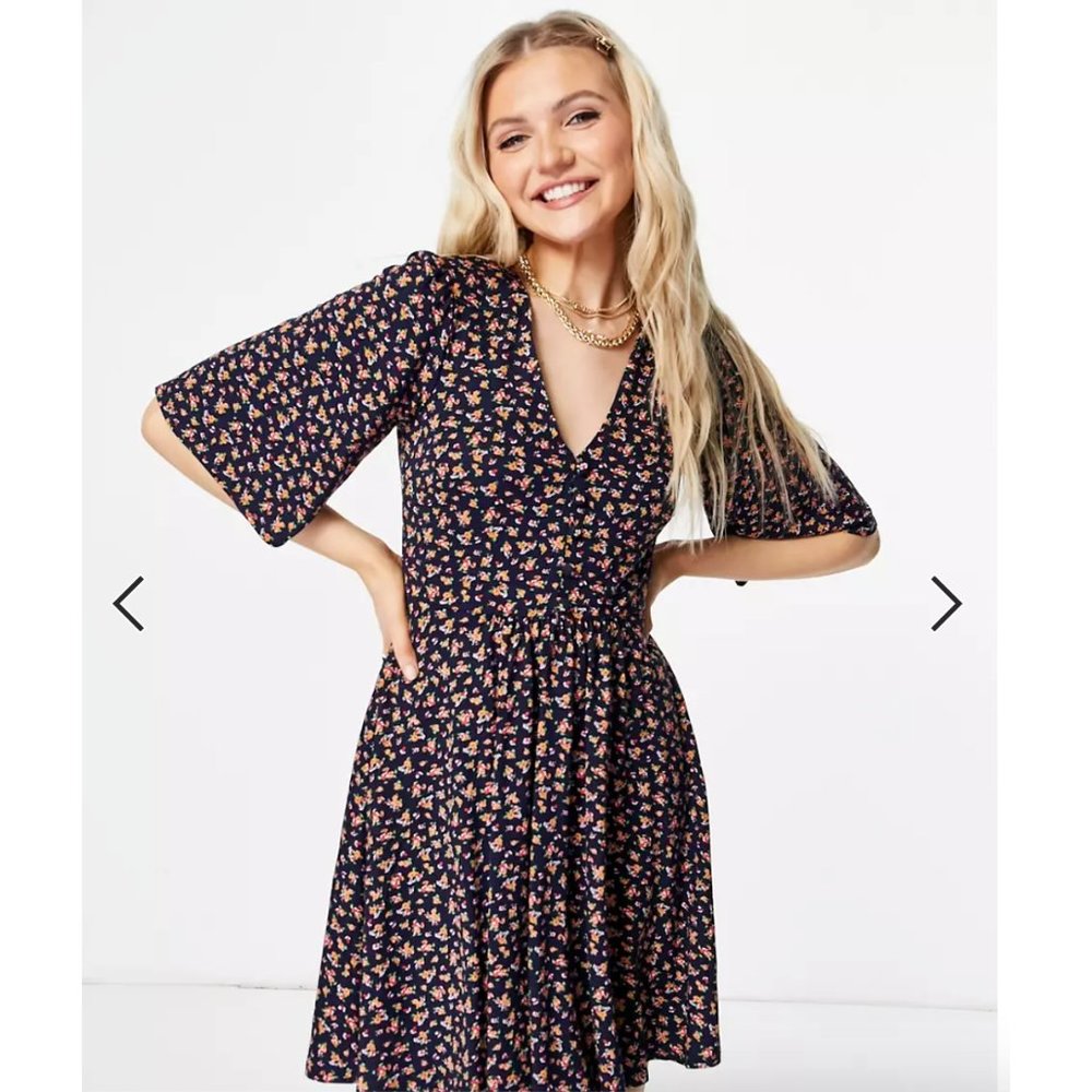 ASOS DESIGN Mini Swing Dress Navy Floral Ditsy Country Chic Boho Summer UK10 US6